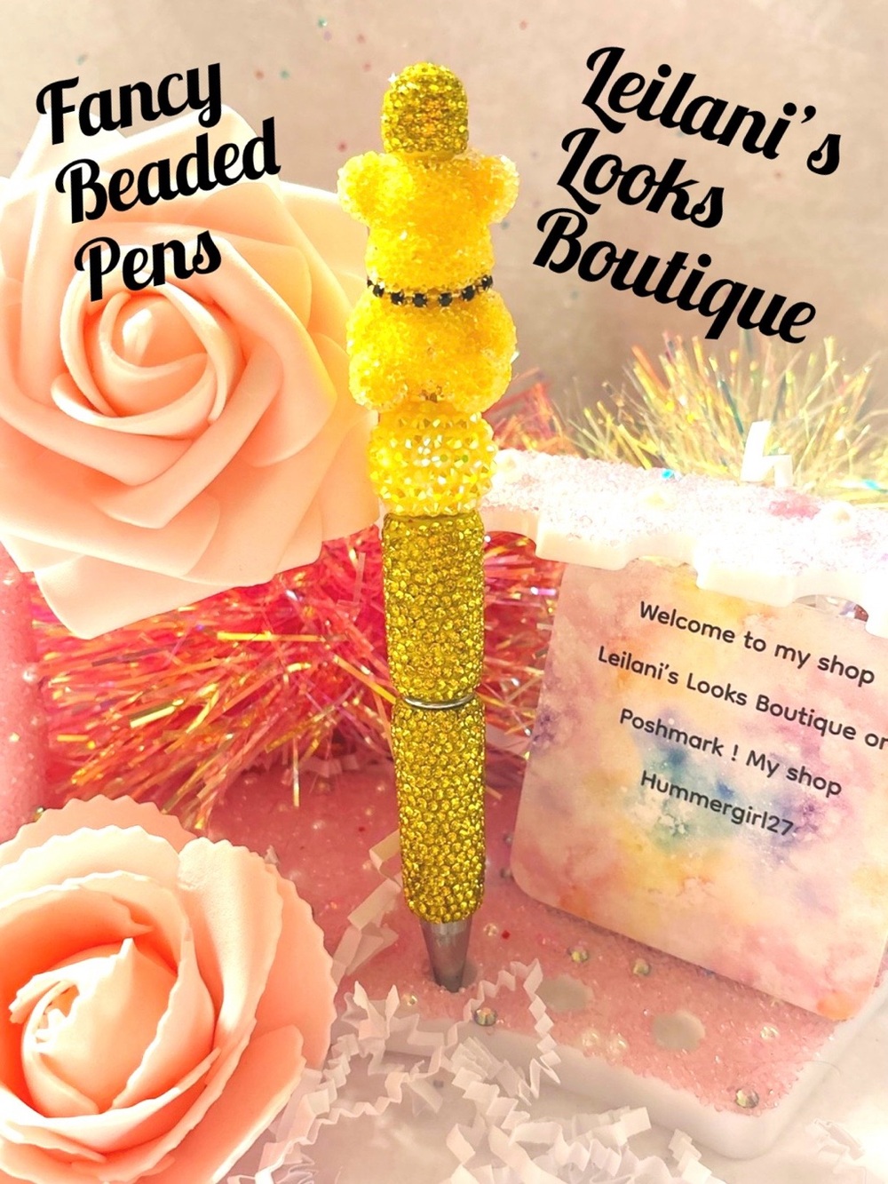 Fancy beaded pen/gifts/yellow beads/yellow teddy bear/girly/